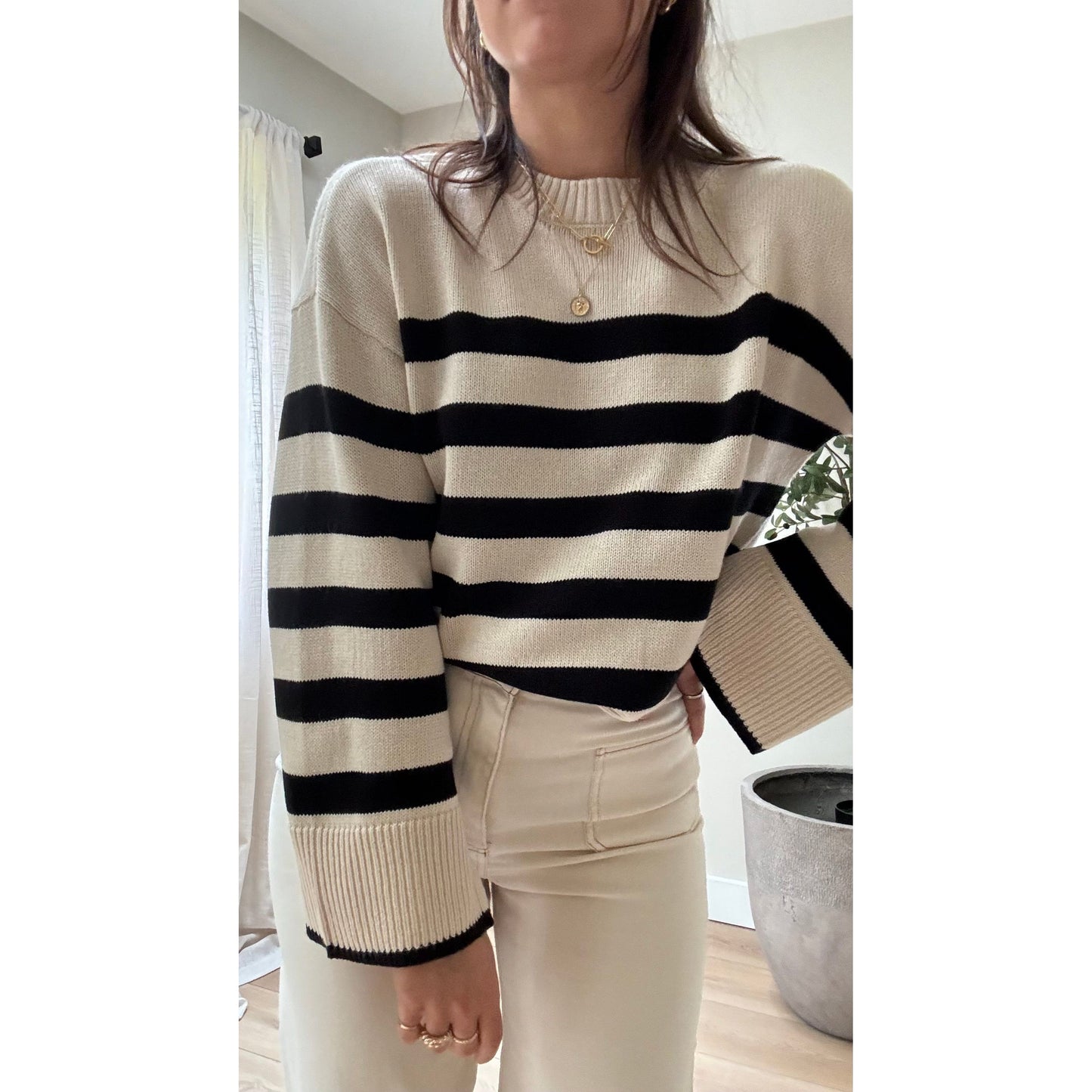 Magda Long Sleeve Crew Neck Pullover | Black Stripe