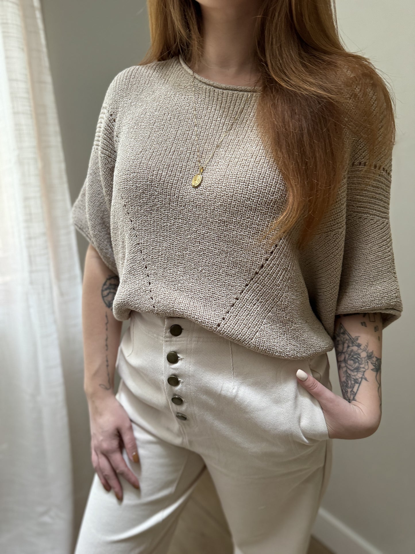 Murphy Pointelle Short Sleeve Sweater | Straw
