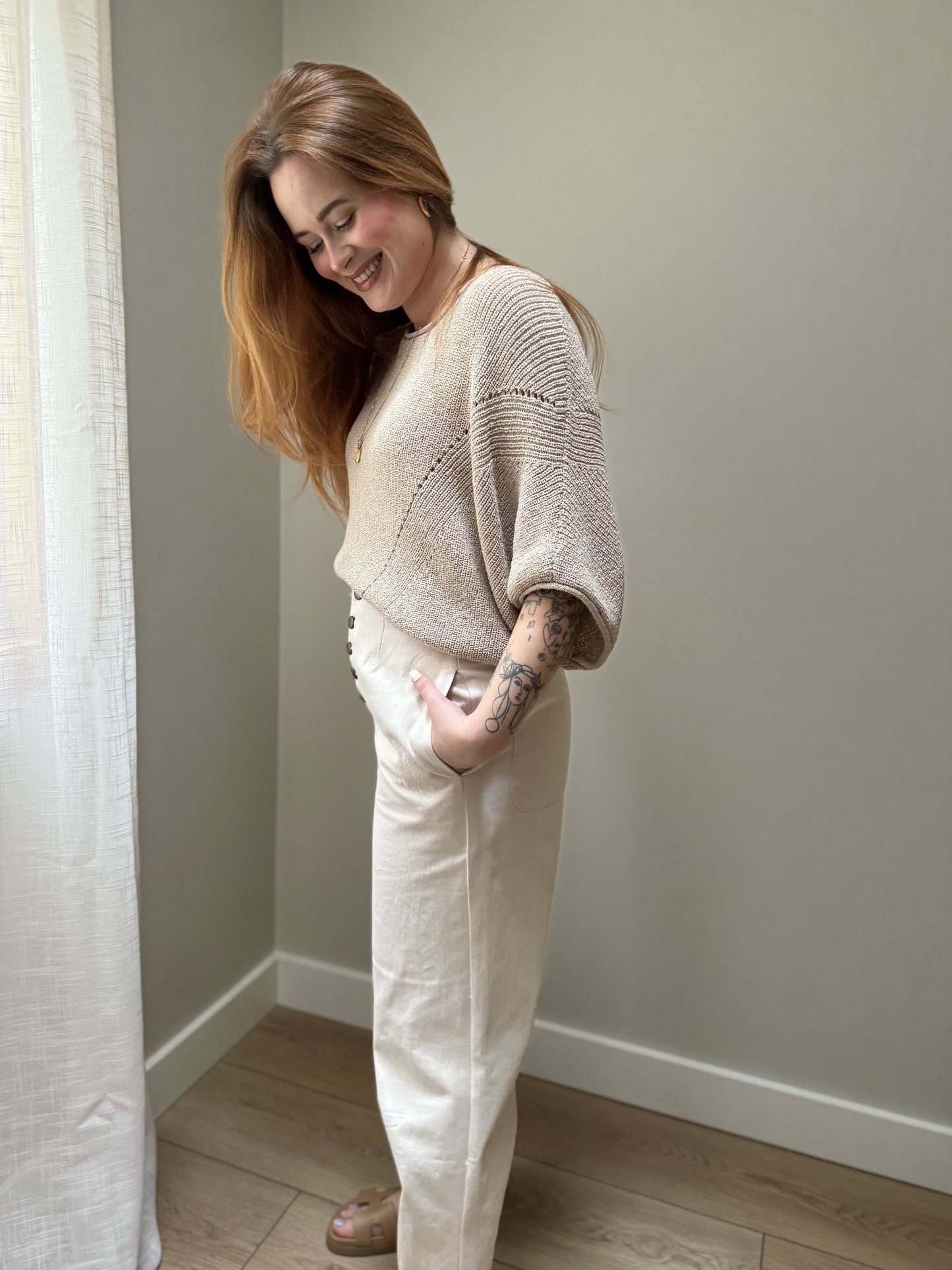 Murphy Pointelle Short Sleeve Sweater | Straw